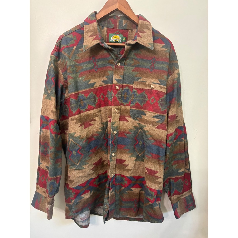 Cabelas Mens XL Flannel Shirt Southwestern Aztec Geometric Cotton Button Down